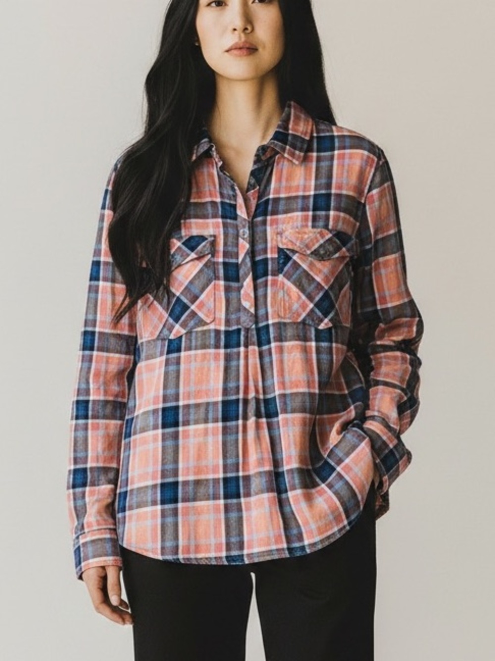 New Billy T Plaid 1/2 Button Top